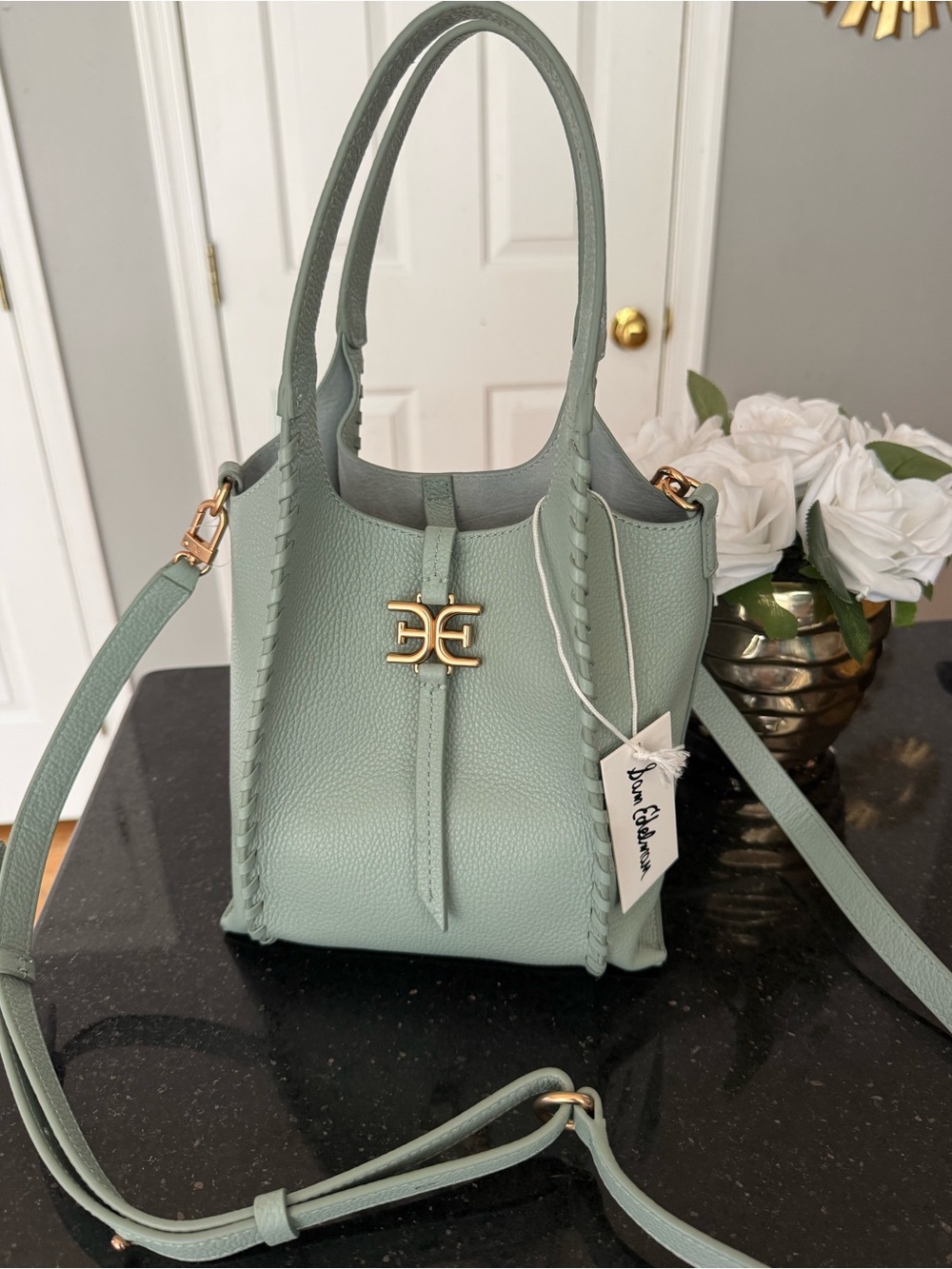 Sam Edelman Mint Green Pebbled Leather Shoulder Bag with Gold Hardware